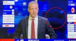 The pair can be seen celebrating behind the presenter as the last gasp goal went in on Sunday