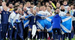 Steve Clarke enjoys a magical moment with his players and staff at Hampden on Tuesday