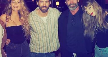 Taylor Swift, 35, and Hugh Jackman, 57, were reportedly 'present' when Ryan Reynolds, 49, confronted a tearful Justin Baldoni about 'fat-shaming' his wife Blake Lively; Lively, Reynolds, Jackman and Swift pictured in 2024