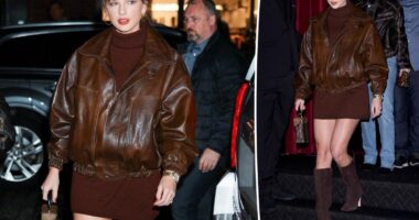 Taylor Swift wears monochromatic brown outfit with leather jacket and suede boots in NYC