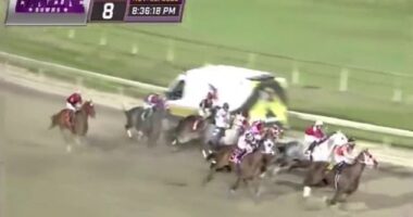 Eight jockeys had to dramatically swerve to avoid a head-on collision with an ambulance in a moment dubbed the most terrifying near miss in racing history on Saturday night