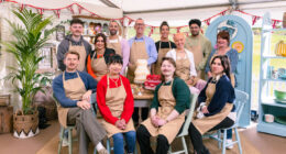 The Great British Bake Off. Back: Toby, Nadia, Aaron, Leighton, Jessika, Jasmine, Hassan, Lesley, Front: Tom, Pui Man, Iain, Nataliia Sitting in Cake Corner