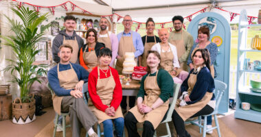 The Great British Bake Off. Back: Toby, Nadia, Aaron, Leighton, Jessika, Jasmine, Hassan, Lesley, Front: Tom, Pui Man, Iain, Nataliia Sitting in Cake Corner
