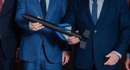 An actual-size model of the Mark 1, a cutting-edge air defense missile that features an advanced artificial intelligence-driven targeting system