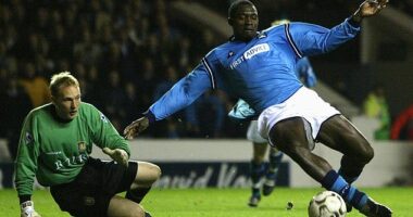 Marc-Vivien Foe in action for Manchester City. The Cameroonian died aged 28 while playing for his country against Colombia in 2003