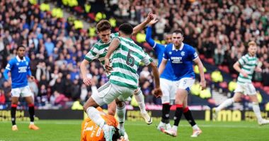 Celtic's Auston Trusty was booked by referee Nick Walsh for kicking Jack Butland on the head