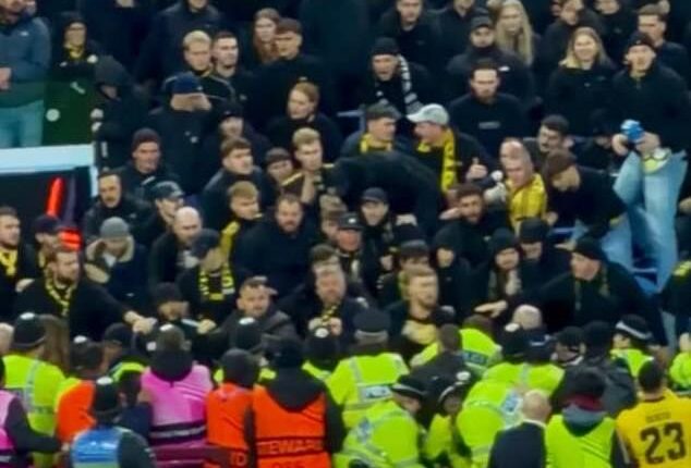 Travelling fans of Swiss side Young Boys threw punches at the police at Villa Park on Thursday