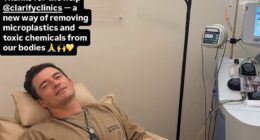 Orlando Bloom, 48, is shown above undergoing a blood plasma filtering therapy that costs $12,700 at a clinic in London