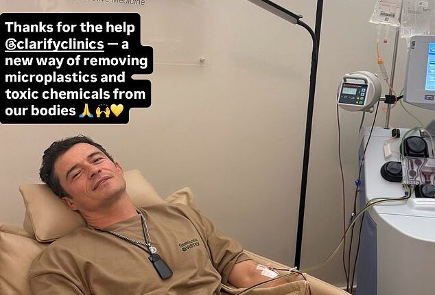 Orlando Bloom, 48, is shown above undergoing a blood plasma filtering therapy that costs $12,700 at a clinic in London