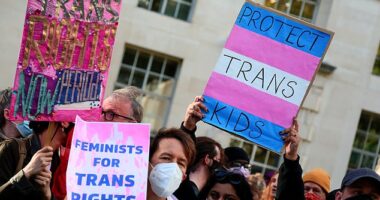 LONDON: Trans Rights activist hold placards and display banners while taking part in a counter protest,