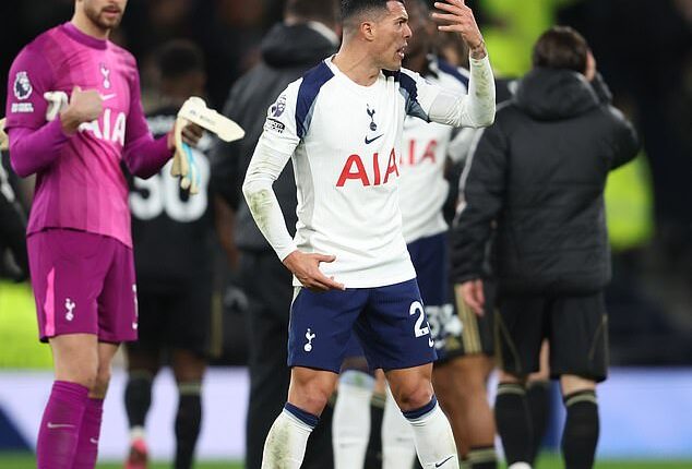 Pedro Porro has been blasted by Tottenham fans for his annoyance at Lucas Bergvall after their 2-1 defeat by Fulham