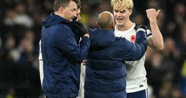 Tottenham's Lucas Bergvall could not hide his anger after being substituted with a concussion