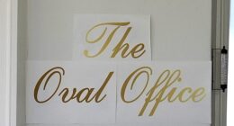 The Oval Office with a new sign up front is seen at the White House in Washington on November 5