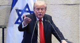 President Donald Trump addresses the Knesset, Israel's parliament, on October 13, 2025 in Jerusalem. President Trump is visiting the country hours after Hamas released the remaining Israeli hostages captured on Oct. 7, 2023, part of a US-brokered ceasefire deal to end the war in Gaza