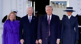 First Lady Jill Biden (left), President Joe Biden (center left), President-elect Donald Trump (right) and First Lady Melania Trump (right) pose for pictures on the White House's North Portico on inauguration day 2025, with Trump sharing unexpected pleasantries with Biden