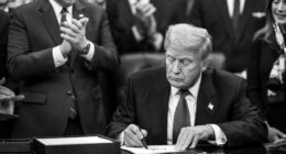 President Donald Trump signs the funding bill that reopens the government alongside Speaker of the House Mike Johnson, Wednesday, November 12, 2025, in the Oval Office. (Official White House Photo by Daniel Torok)