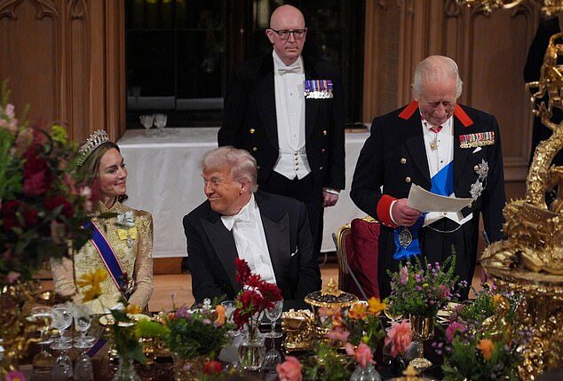 Trump speaks to Princes of Wales during a State Banquet on September 17, in Windsor, England