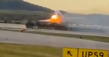 Video shared to social media showed a ball of fire emanating from the center of the plane just moments after it departed the runway on Tuesday