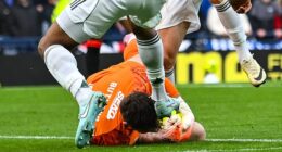 Auston Trusty kicks Jack Butland on the head during Sunday's chaotic Old Firm derby