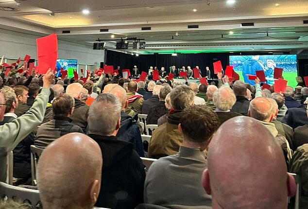 Celtic fans hold aloft red cards as the club's annual general meeting descended into farce