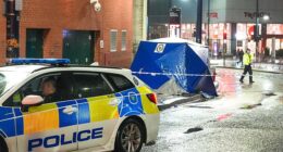 A woman is fighting for her life after she was stabbed in the neck in an 'unprovoked attack' in Birmingham city centre. Picture from the scene