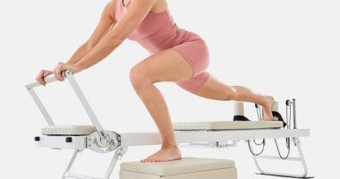 Pilates Reformer Machine ($229): Returning in a new tan and white colourway, it includes multiple resistance levels to suit your fitness needs, folds flat for easy storage with wheels for quick and easy moving and includes a Pilates box for more exercises