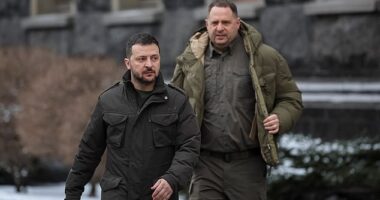 Ukraine's President Volodymyr Zelenskiy and Head of the Presidential Office Andriy Yermak walk, amid Russia's attack on Ukraine, in Kyiv, Ukraine January 22, 2024