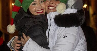 Sisters Lisi and Aura from Gran Canaria celebrate Hogmanay in Edinburgh, Scotland