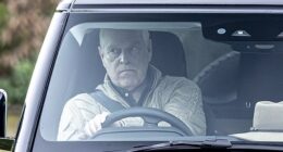 Andrew Mountbatten-Windsor was seen with a solemn expression on his face as he drove his Land Rover defender out of Royal Lodge today