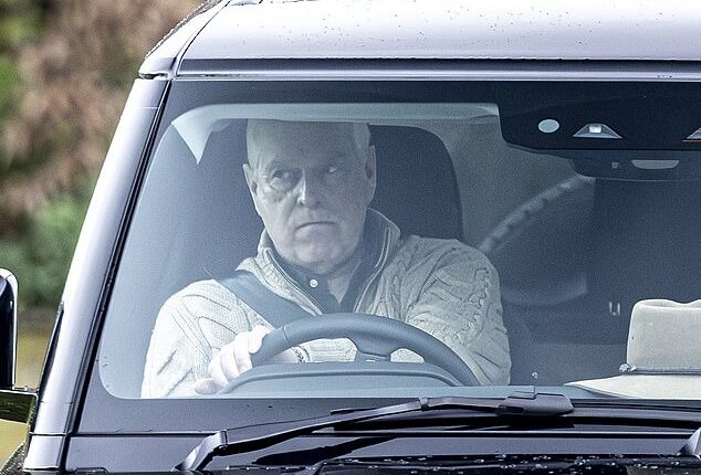 Andrew Mountbatten-Windsor was seen with a solemn expression on his face as he drove his Land Rover defender out of Royal Lodge today
