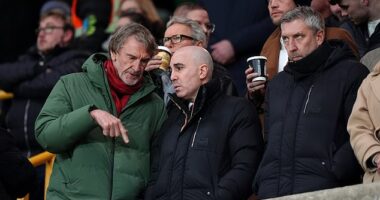 Sir Jim Ratcliffe (left) has now spent two years as a minority owner of Manchester United, and has his lieutenants Omar Berrada (centre) and Jason Wilcox (right) working side by side