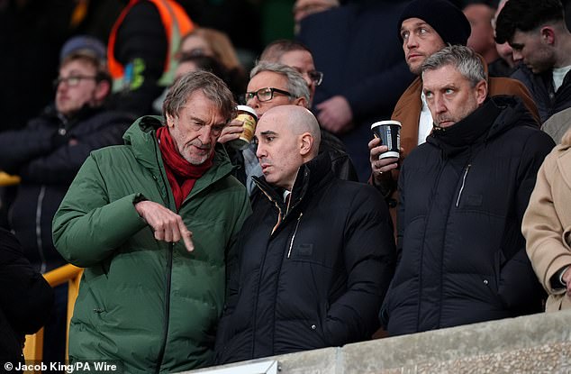 Sir Jim Ratcliffe (left) has now spent two years as a minority owner of Manchester United, and has his lieutenants Omar Berrada (centre) and Jason Wilcox (right) working side by side