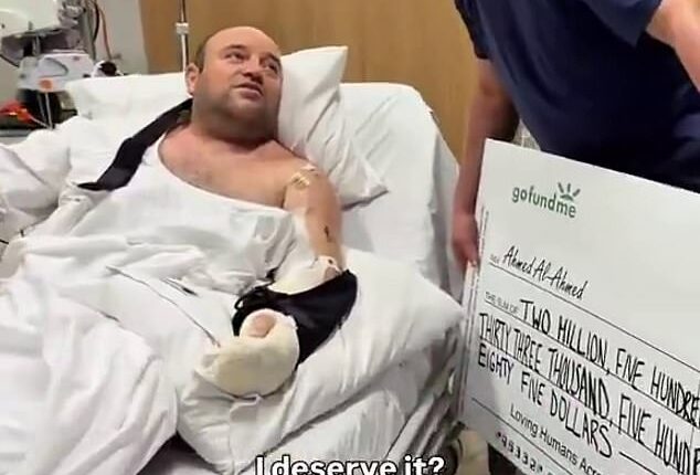 Pictured is the moment Mr Al-Ahmed was handed a $2.5million cheque in hospital