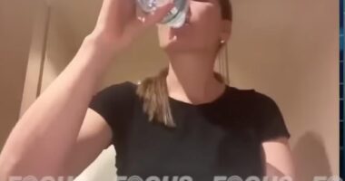 Zulma Guzman Castro drinks from a bottle of Buxton mineral water during an exclusive interview with Focus Noticias