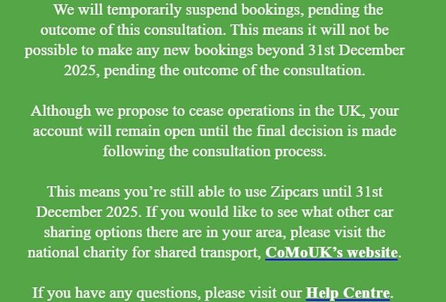Closing: In an email to customers, Zipcar plans to cease its operations in London