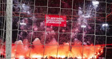 A huge explosion of fireworks behind one of the goals meant that play could not continue
