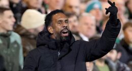 Nancy gestures to his Celtic players during 2-1 defeat at Tannadice on Wednesday