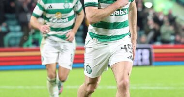 James Forrest celebrates after grabbing Celtic's third goal against Aberdeen at Parkhead