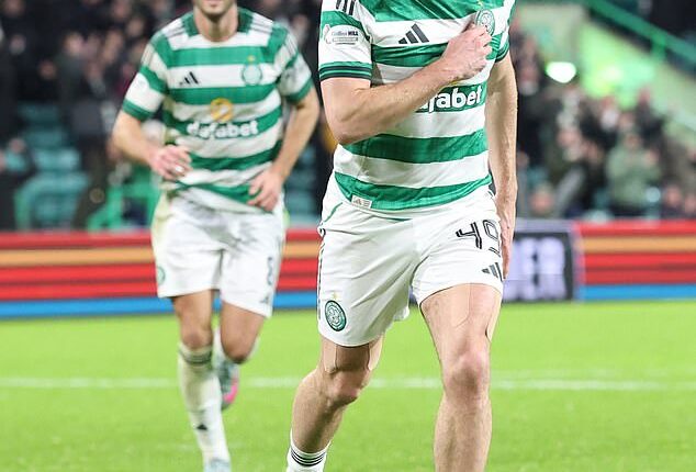 James Forrest celebrates after grabbing Celtic's third goal against Aberdeen at Parkhead