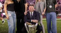 David Beckham's 'incredible year' was tinged with sadness due to his fallout with his estranged son Brooklyn who he is no longer on speaking terms with (pictured L-R Harper, Romeo, David, Victoria and Cruz)