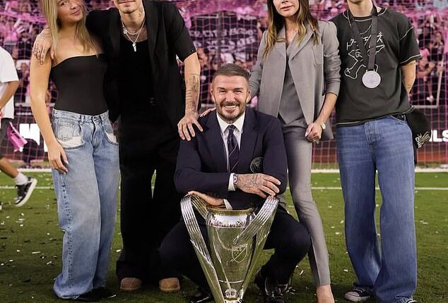 David Beckham's 'incredible year' was tinged with sadness due to his fallout with his estranged son Brooklyn who he is no longer on speaking terms with (pictured L-R Harper, Romeo, David, Victoria and Cruz)