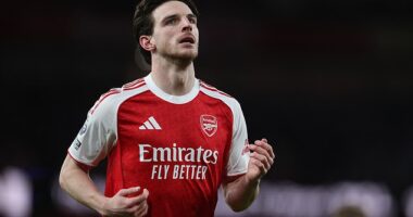 Declan Rice will miss Arsenal's match against Aston Villa tonight with a knee injury