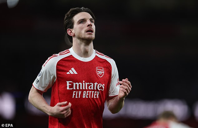 Declan Rice will miss Arsenal's match against Aston Villa tonight with a knee injury