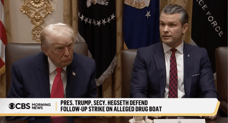 Secretary of War Pete Hegseth and President Donald Trump speak to the press about a September strike on narco-terrorists.