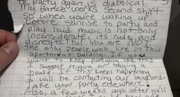 A fed-up neighbour has ignited a heated debate online after leaving a blistering handwritten note for the tenants upstairs, accusing them of partying through the night