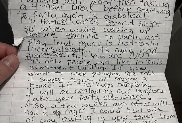 A fed-up neighbour has ignited a heated debate online after leaving a blistering handwritten note for the tenants upstairs, accusing them of partying through the night
