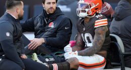 Cleveland Browns rookie Quinshon Judkins was carted off the field in Sunday¿s game against the Buffalo Bills after bending his leg awkwardly on a tackle by linebacker Matt Milano