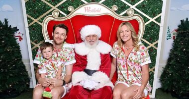 Emily Seebohm has clapped back after a troll slammed her for allowing her son, who she shares with her ex Ryan Gallagher, to sit on the lap of her new partner in a family Christmas photo with Santa. Pictured: Emily's son Sampson and her new boyfriend, Brandon Caust
