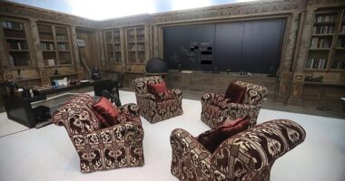 One of the living room and offices located on Jeffrey Epstein's private island is decorated with gaudy armchairs and wooden bookshelves