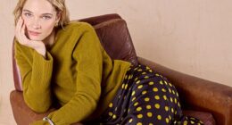 Jumper, £149, jigsaw-online.com. Dress, £185, kitristudio.com. Earrings, £190, aya.co.uk. Bangle, £195, tillysveaas.co.uk